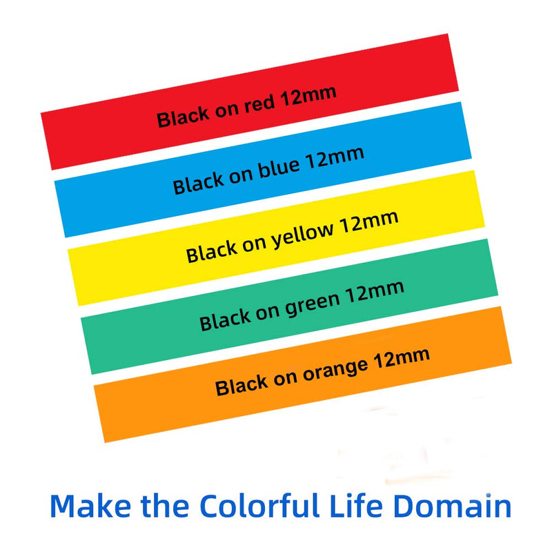 [Australia - AusPower] - MarkDomain Compatible Label Tape Replacement for Brother P Touch TZe Label Tape 12mm 0.47 Inch (Black on Red/Blue/Yellow/Green/Orange) for P Touch PT-D210 H110 Label Maker, Laminated, 5-Pack 12mm 0.47Inch 