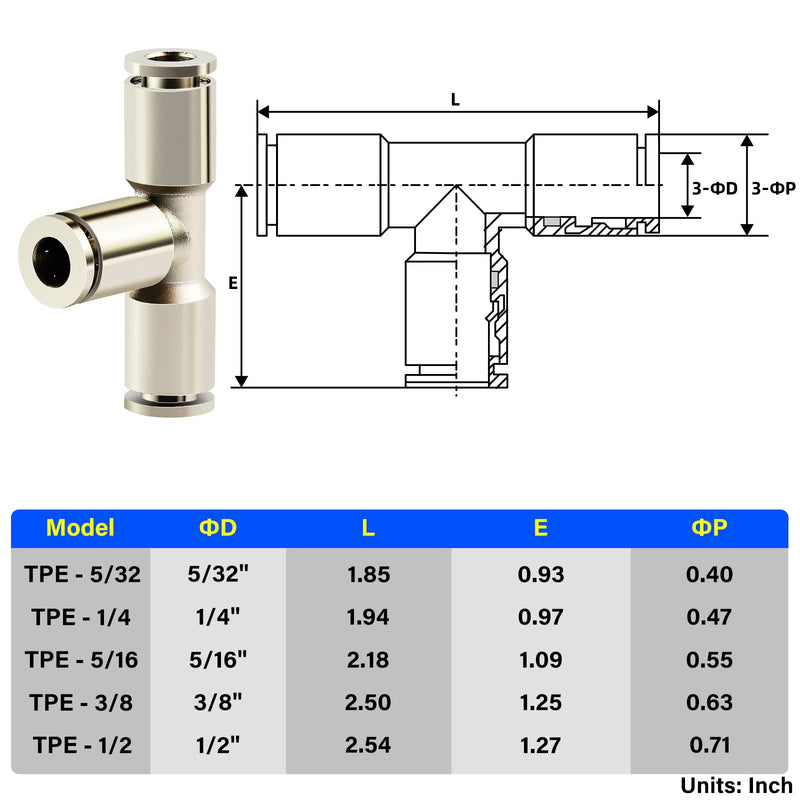 [Australia - AusPower] - TAILONZ PNEUMATIC 1/4 Inch OD Copper Nickel Plating Push to Connect Air Fittings Tee Straight Union Connect TPE-1/4（Pack of 5） 1/4"OD 