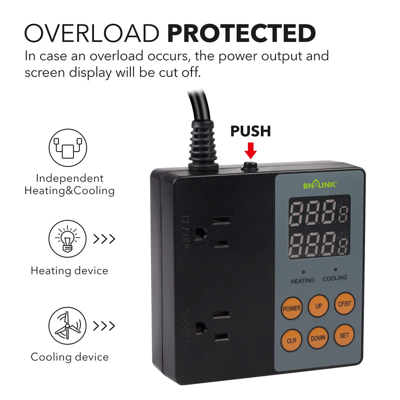 [Australia - AusPower] - BN-LINK Digital Temperature Controller Heating Cooling 2-Stage Outlet Thermostat Controller Plug for Reptiles Aquarium Carboy Homebrew Breeding Fermenter Seed Germination °C/°F -40-176°F 15A/1875W 