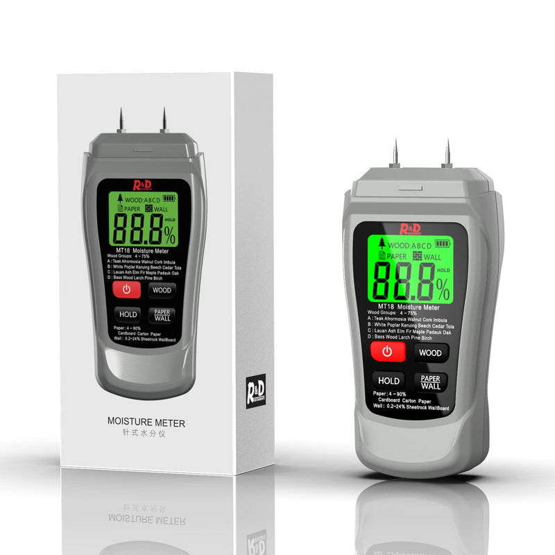 [Australia - AusPower] - Wood Moisture Meter MT-18 Two Pins Digital Wall Moisture Detector Paper Humidity Tester for Wood Building Material Firewood Walls Paper Floor (Grey) Grey 