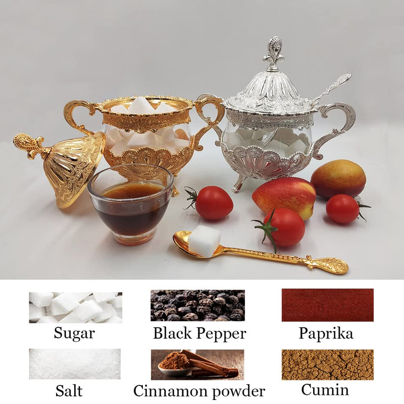 [Australia - AusPower] - Hourwof Sugar Bowl with Lid and Spoon for Kitchen Coffee Bar and Wedding Party,Metal and Glass Sugar Container for Sugar Cube and Powder Sugar,Spice Condiment Container,Salt Server,Gold Gold 