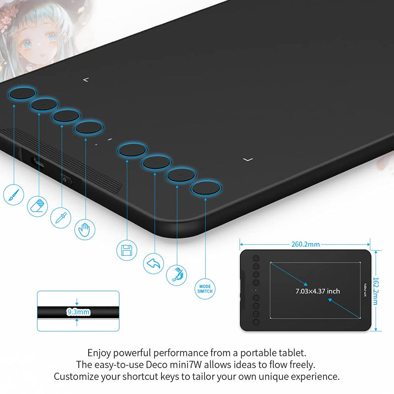 [Australia - AusPower] - XP-PEN Deco mini7W Wireless Graphics Drawing Tablet 7X 4.37 Inches Drawing Tablet with 8192 Levels Pressure Battery-Free Stylus and 8 Shortcuts Key for Digital Drawing Online Teaching Art Creation Medium 
