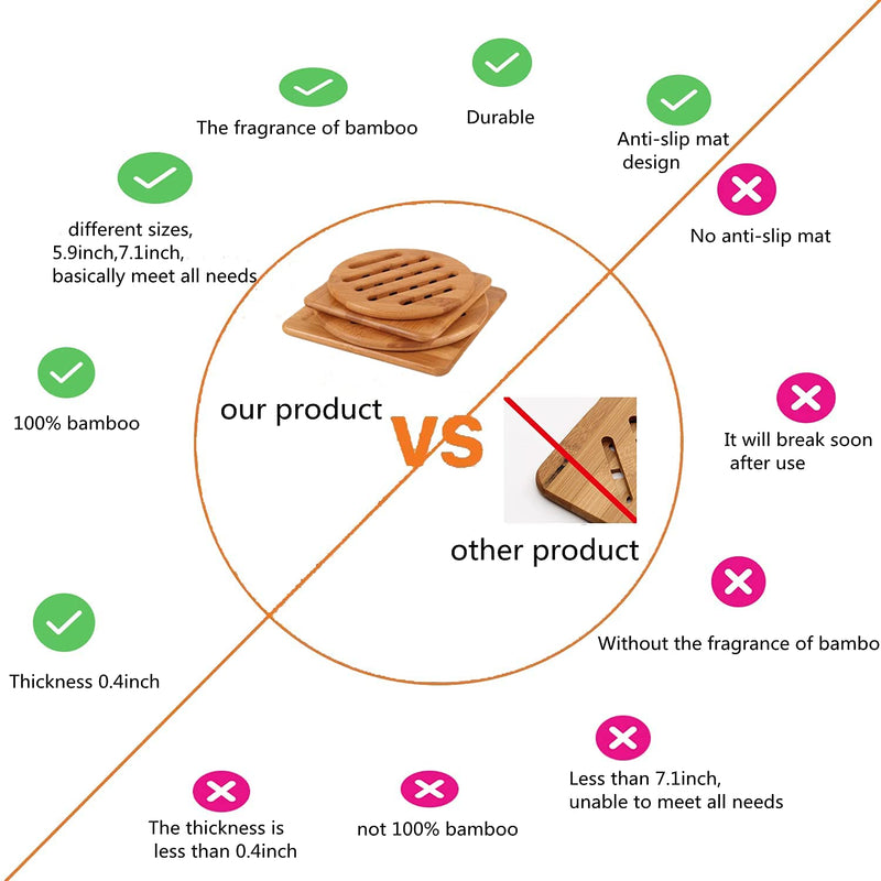[Australia - AusPower] - Alfto Hot Pads Trivet,Table Solid Bamboo Wood Trivets for Hot Dishes and Pot with Non-slip Pads Heat Resistant Pads Teapot Trivet 4pcs(Multi Size,2 Square 2 Round) 