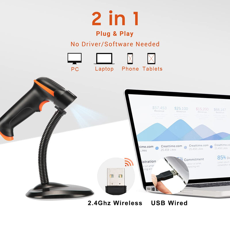 [Australia - AusPower] - Tera Barcode Scanner Wireless and Wired with Battery Level Indicator 1D 2D QR Digital Printed Bar Codes Reader with Stand Portable Handheld Barcode Scanner Compact Plug and Play Model D5100 