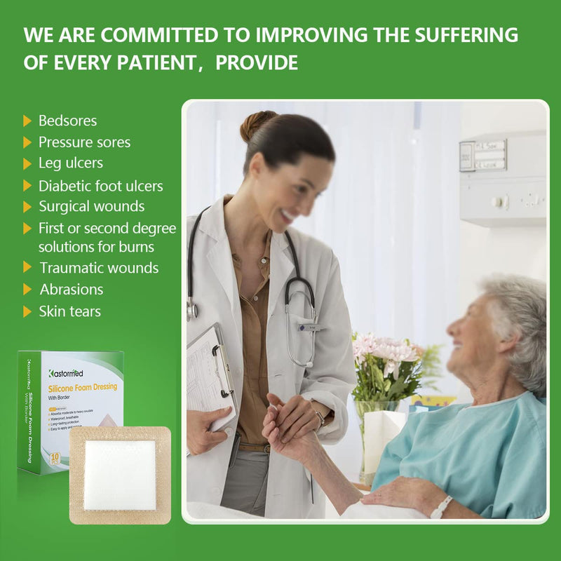 [Australia - AusPower] - Silicone Adhesive Foam Dressing with Gentle Border 4''x4'' 10 Pack, High Absorbency Foam Wound Bandage for Bed Sore, Leg Ulcer, Diabetic Ulcer 4'' x 4'' - 10 Pack 