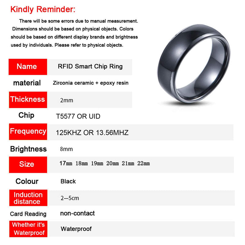 [Australia - AusPower] - HECERE T5577 or UID chip RFID Black Ceramics Smart Finger rewrite Ring 125KHZ/13.56MHZ Wear for Men or Women(UID 13.56MHZ-17MM) UID 13.56MHZ-17MM 