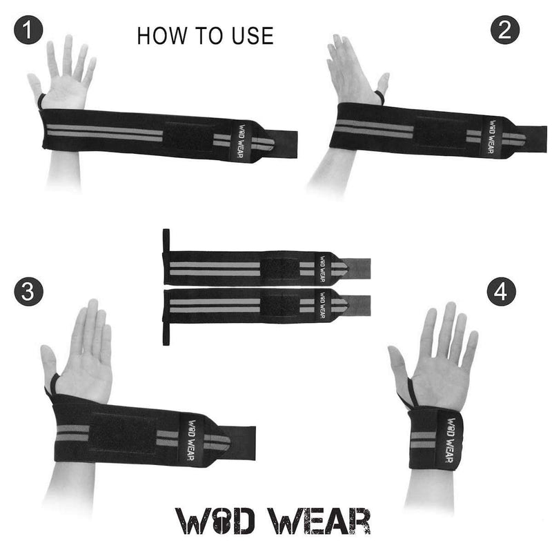 [Australia - AusPower] - WOD Wear Elastic Wrist Wraps for Powerlifting, Strength Training, Bodybuilding, Cross Training, Olympic Weightlifting, Yoga Support - One Size Fits All - 100% Black 