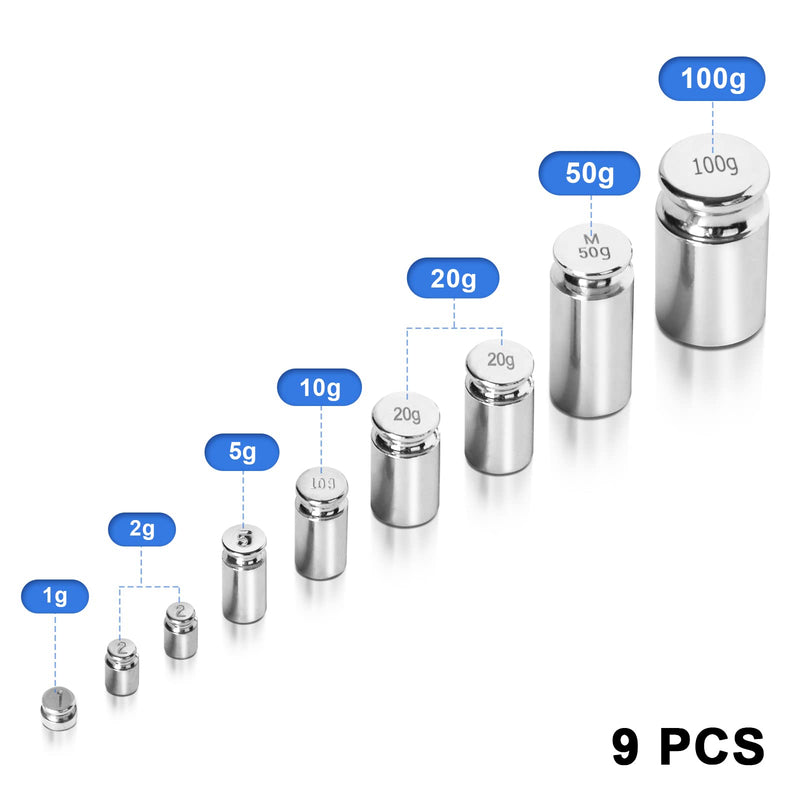 [Australia - AusPower] - Fuzion Calibration Weights 210g, 9 PCS Stainless Steel Scale Calibration Weight Kit 1g 2g 5g 10g 20g 50g 100g Calibration Weight with Storage Box, Tweezers for Digital Scale, Gram Scale 9PCS 