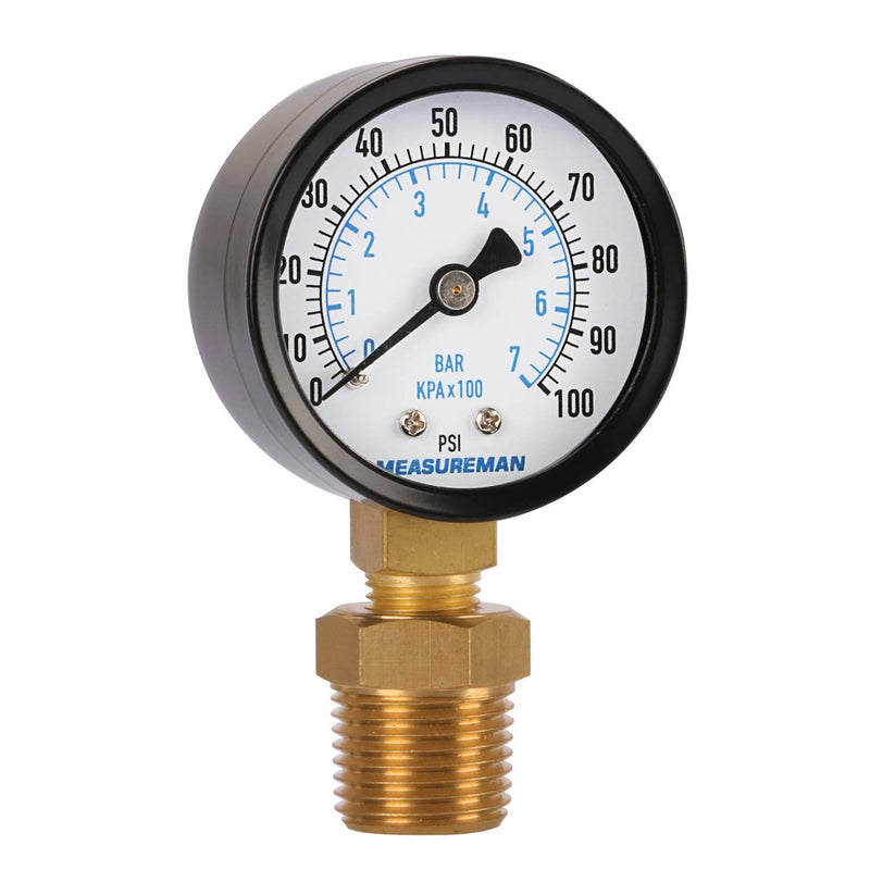 [Australia - AusPower] - Measureman 2" Well Pump Pressure Gauge, 0-100psi/bar, 1/4"NPT Male with 1/2"NPT Adaptor, 3-2-3% Accuracy 2" 0-100 psi 