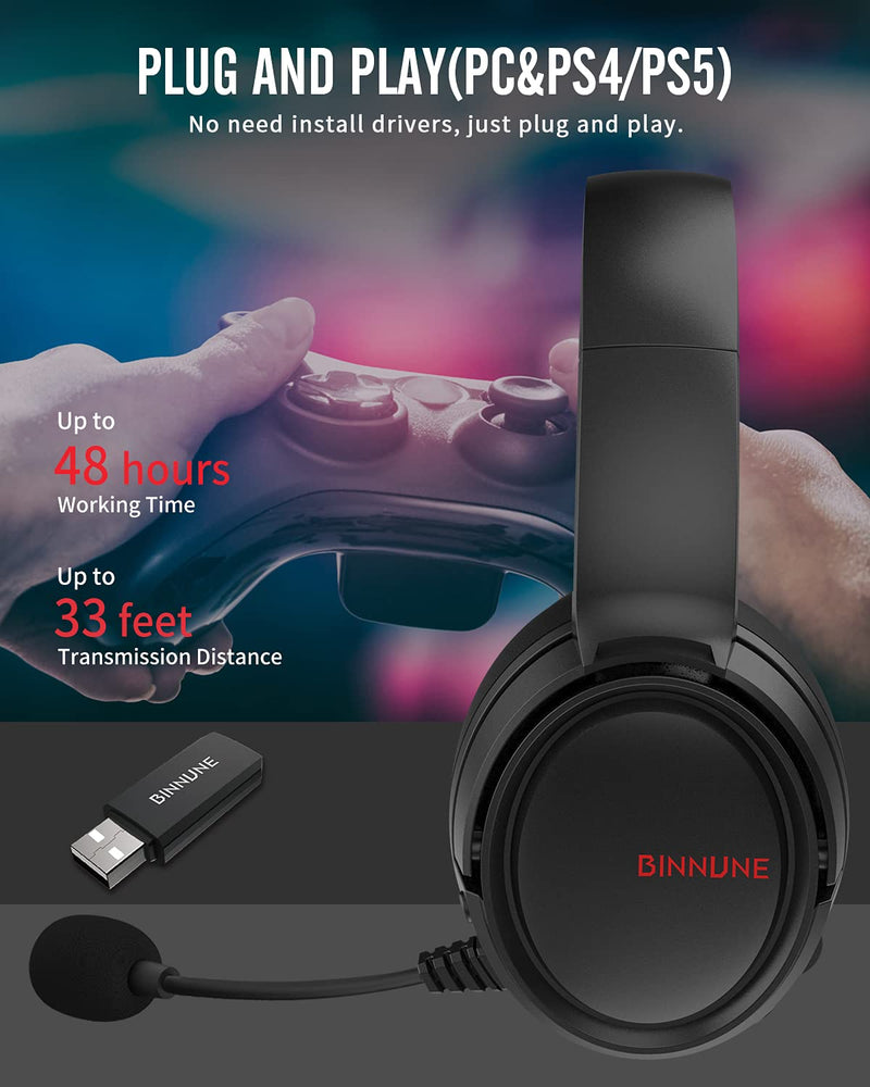 [Australia - AusPower] - BINNUNE 2.4G/Bluetooth Wireless Gaming Headset with Microphone for PS4 PS5 Playstation 4 5, 48 Hours Playtime, PC USB Gamer Headphones with Mic for Laptop Computer 