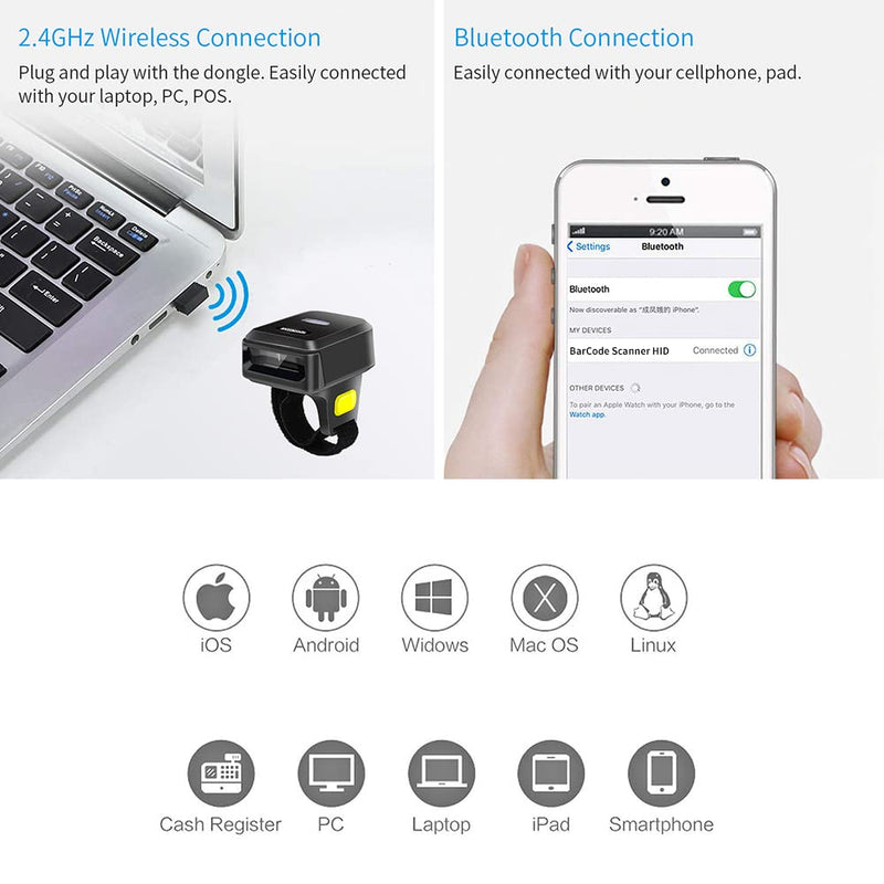 [Australia - AusPower] - Alacrity 2D Wireless Ring Barcode Scanner,Portable Bluetooth Wearable Finger 1D 2D Mini Bar Code Reader Scanner Suppot Screen Scanning with Bluetooth & 2.4GHz Wireless & Wired Connection Scanner 