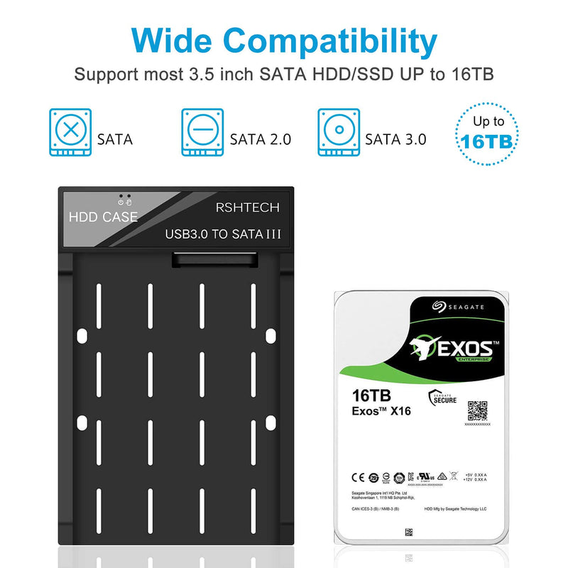 [Australia - AusPower] - Hard Drive Enclosure, RSHTECH USB 3.0 to SATA External Hard Drive Docking Station for 3.5 inch SATA I/II/III HDD SSD Up to 16TB Support UASP (Black) 
