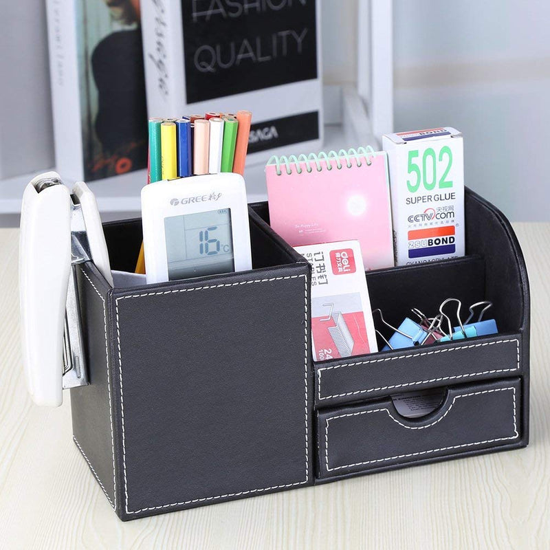 [Australia - AusPower] - KINGFOM Wooden Struction Leather Multi-function Desk Stationery Organizer Storage Box Pen/Pencil,Cell phone, Business Name Cards Remote Control Holder with Small Drawer Black 