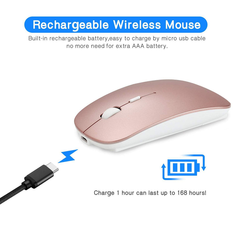 [Australia - AusPower] - 2.4GHz Wireless Bluetooth Mouse, Dual Mode Slim Rechargeable Wireless Mouse Silent USB Mice, 3 Adjustable DPI,Compatible for Laptop Windows Mac Android MAC PC Computer (Rose Gold) 