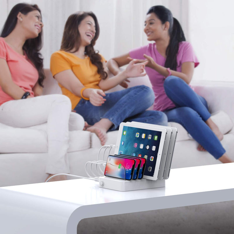 [Australia - AusPower] - SooPii Premium 6-Port USB Charging Station for Multiple Devices, 6 Charging Cables Included, Compatible with lPad lPhone lPod, for Phones, Tablets, and Other Electronics, White 