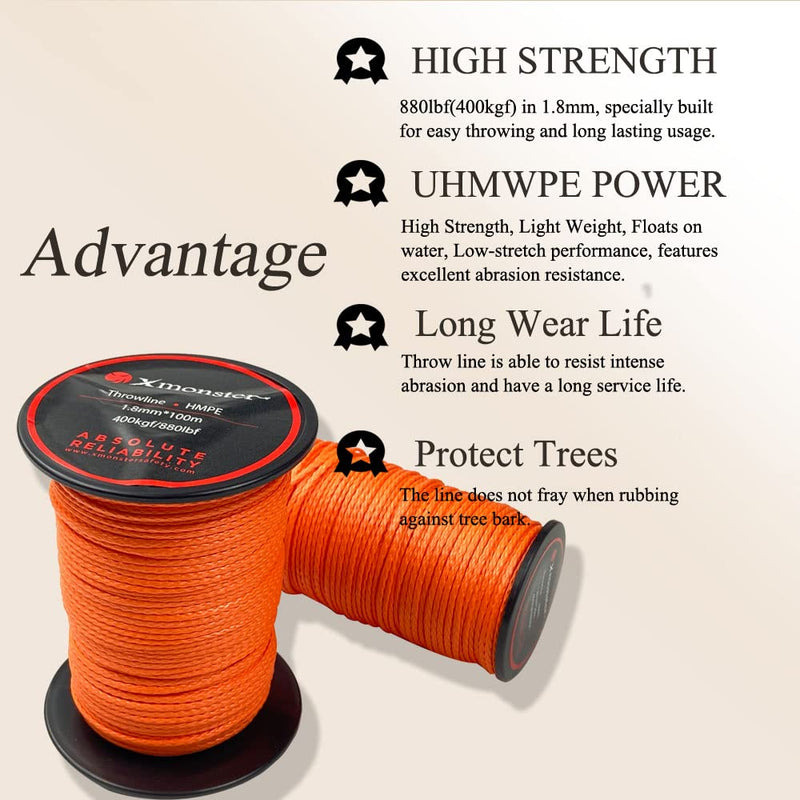 [Australia - AusPower] - X MONSTER Throw Line 1.8mm 100% UHMWPE Easter Rope for Arborists, Best for Tree Climbing, High Limb Throwing, Outdoor General Purpose ORANGE 165.0 Feet 