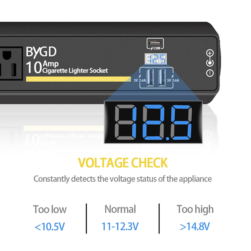 [Australia - AusPower] - AC to DC Converter, 100-240V to 12V 10A Power Adapter with Cigarette Lighter Socket and Voltage Display, 2 USB Ports & Type-C, Power Converter for Car Vacuum Cleaner, Car Refrigerator, Inflate Pump 
