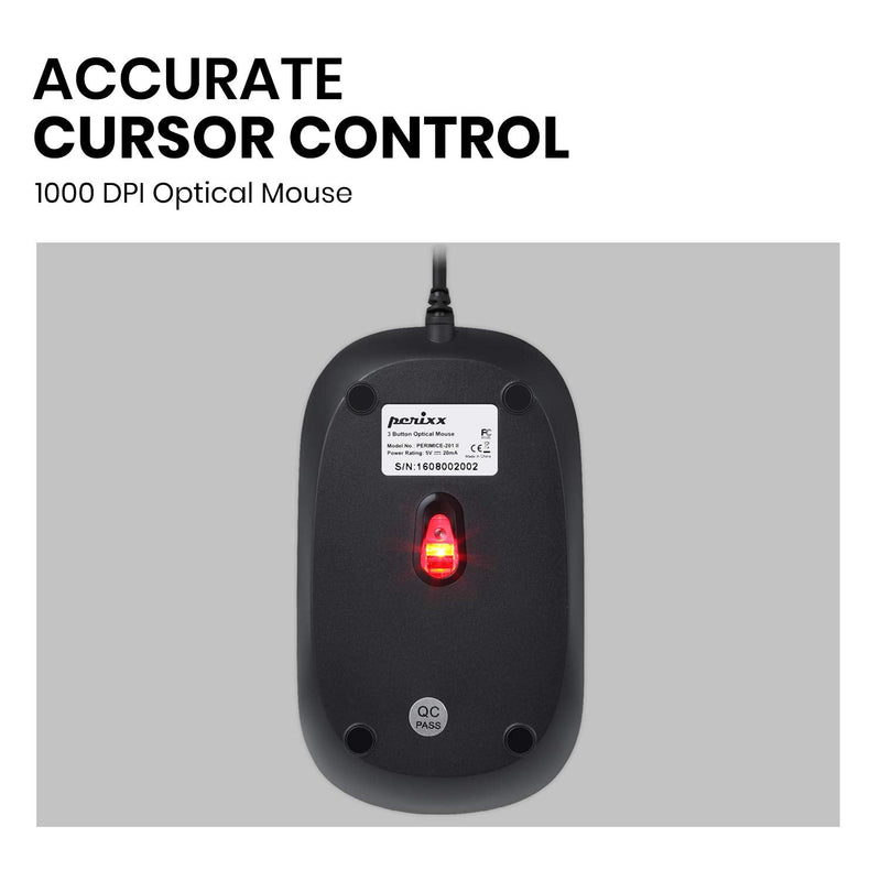 [Australia - AusPower] - Perixx PERIMICE-201 Wired USB Optical 3 Button Mouse with 800 DPI and Illuminated Wheel, Black USB Optical Mouse 
