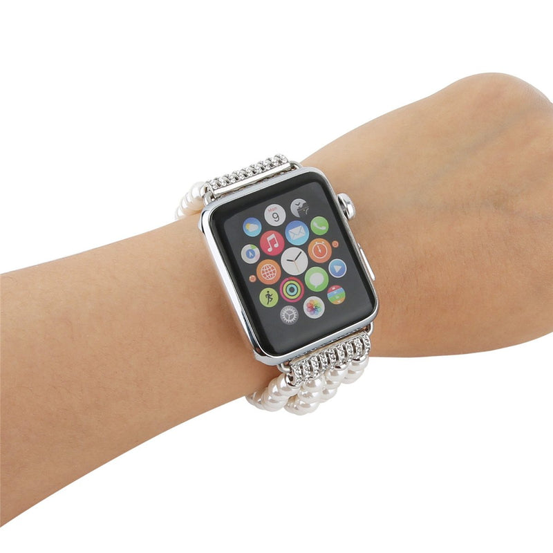 [Australia - AusPower] - GEMEK Compatible with Apple Watch Band 38mm 42mm Women iWatch Bands Series 7/6/5/4/3/2/1, Handmade Beaded Elastic Stretch Pearl Bracelet Replacement Strap for Girls Wristband White 38mm/40mm/41mm 