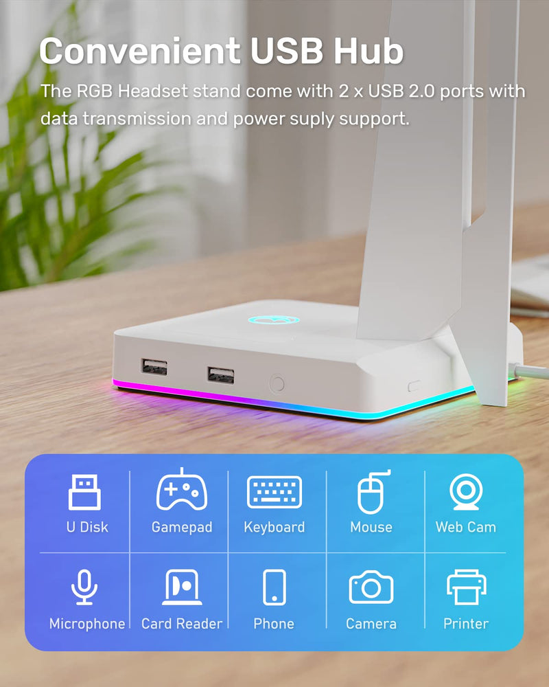 [Australia - AusPower] - IFYOO RGB Gaming Headset Stand with 2 USB Ports, Game Headphone Mount for PC, Xbox One, PS4, Switch, Earphone Holder Hanger, Great for Gaming Stations, Fancy Desk Gamer Accessories, White 