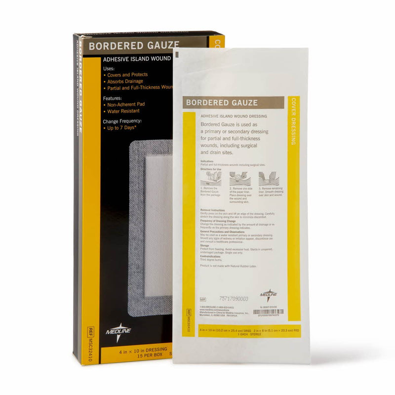[Australia - AusPower] - Medline Bordered Gauze, 4" x 10" Adhesive Island Wound Dressing, Sterile, 15 Count 4" X 10" (2" X 8" pad) 