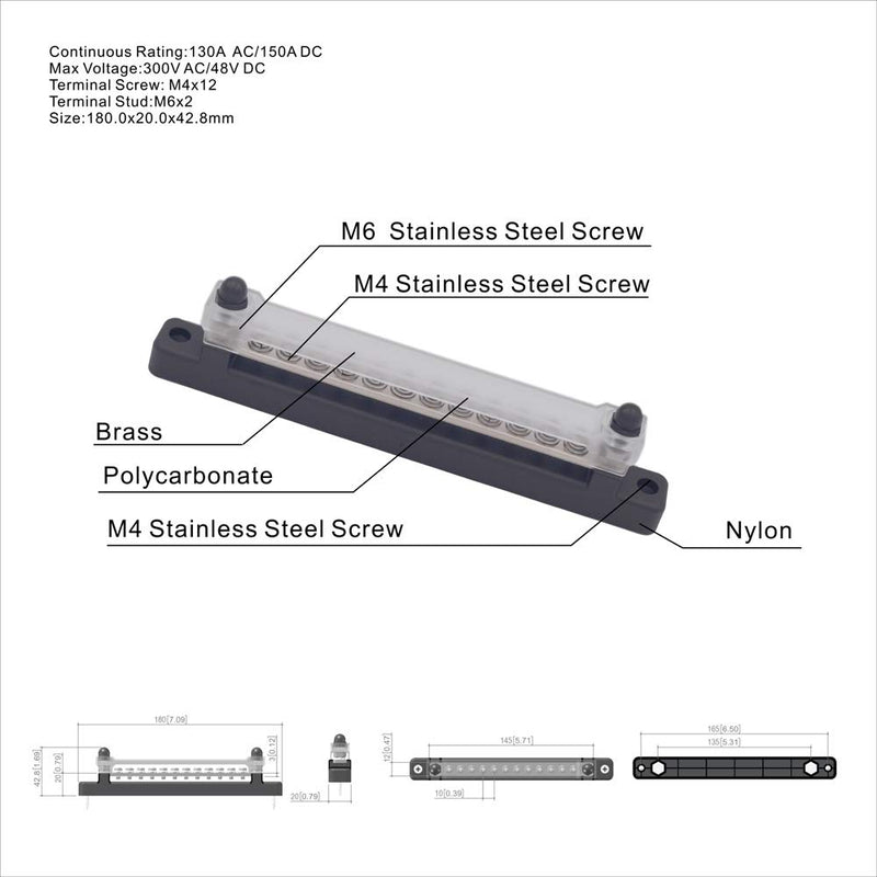 [Australia - AusPower] - 12 Terminal Bus Bar - 150A BusBar Block with Cover, Ground Distribution, Power Distribution Terminal Block w/ 12 M4 Screws + 2 Studs, for Car Boat Marine Caravan RV (New) 12 Terminal 