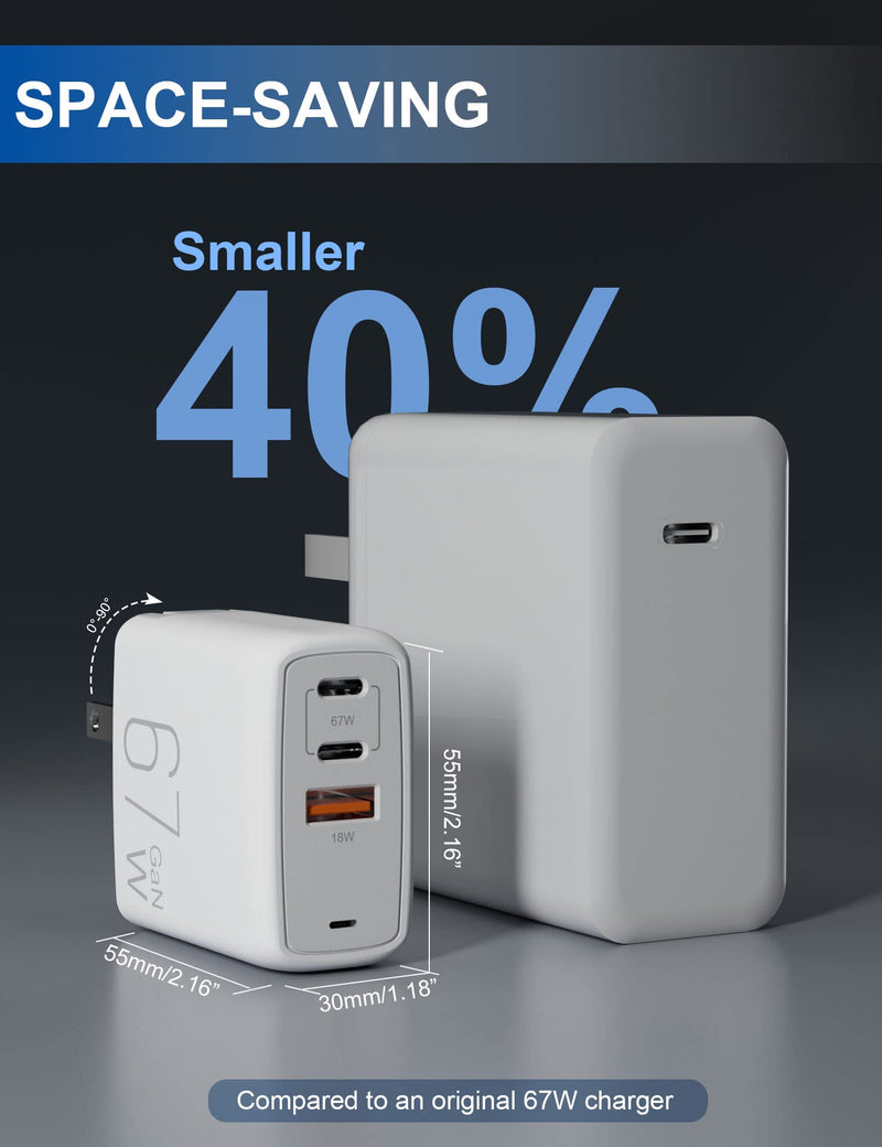 [Australia - AusPower] - ELEGRP USB C GaN 67W Charger Cube, Dual Port PD Power Delivery Fast Type C Charging Block with Foldable Plug & Cable, Wall Charger for iPhone 14/13/12/11, XS/XR/X, iPad, MacBook, Pixel, Galaxy & More Dual C & Single A Port 