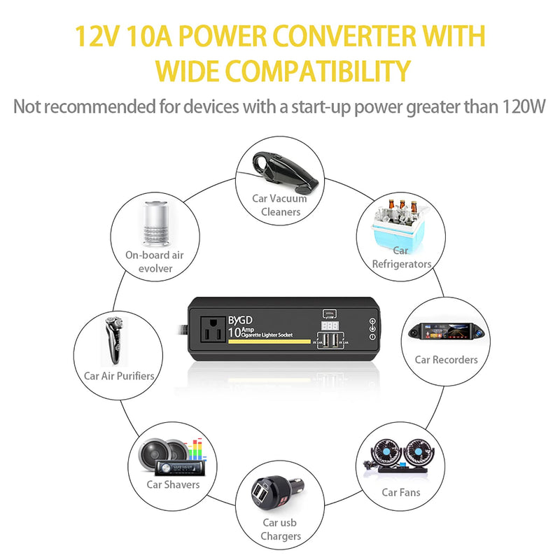 [Australia - AusPower] - AC to DC Converter, 100-240V to 12V 10A Power Adapter with Cigarette Lighter Socket and Voltage Display, 2 USB Ports & Type-C, Power Converter for Car Vacuum Cleaner, Car Refrigerator, Inflate Pump 