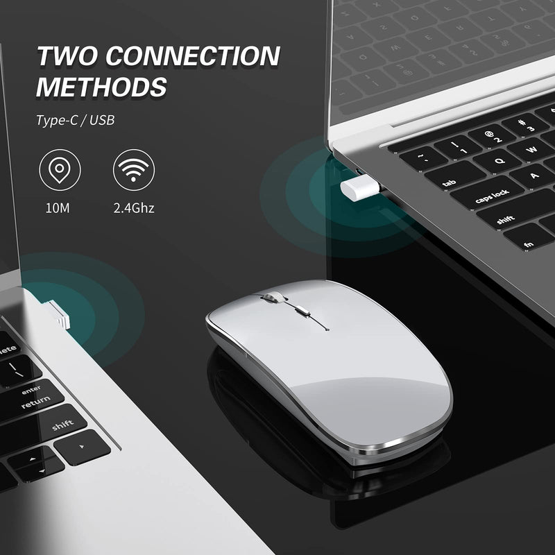 [Australia - AusPower] - Halpilt Wireless Mouse Chargeable Portable Silent Wireless Mouse USB and Type-C Dual Mode Wireless Mouse 3 Adjustable DPI for Laptop, Mac, MacBook, Android, PC (Q23S Grey) 