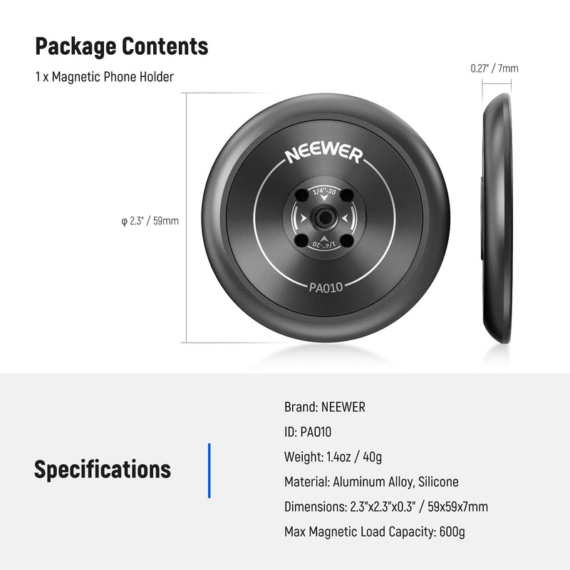 [Australia - AusPower] - NEEWER Magnetic Phone Tripod Mount Adapter with 1/4" Holes Compatible with iPhone MagSafe Selfie Stick for 14 Pro/Pro Max/Plus/Mini 13 12, Phone Holder for Ring Light Video Recording, PA010 