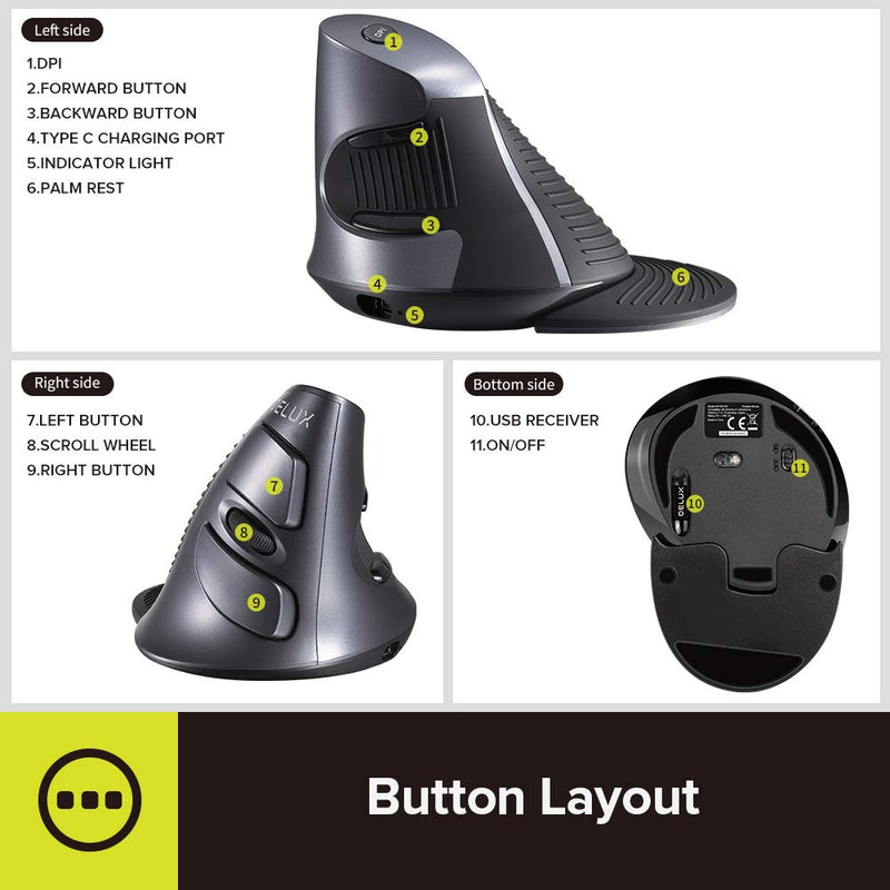 [Australia - AusPower] - DELUX Upgrade Rechargeable Ergonomic Vertical Mouse, 2.4G Optical Wireless Ergo Silent Mouse with USB Receiver, 6 Buttons, 3 Gear DPI and Removable Palm Rest Reduce Muscle Strain (M618G GX-Black) M618G GX 2.4G Wireless 1600DPI 
