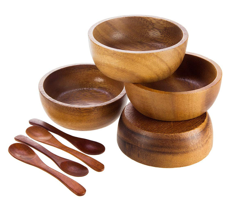 [Australia - AusPower] - BestySuperStore 3.75" mini Acacia Wood Bowl in small size for Condiments, Dip Sauce, Nuts, Candy, Fruits, Appetizer, and Snacks, Dia 3.75"x 1.5 H - Set of 4 (FREE 4 Wood Spoons) 