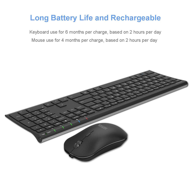 [Australia - AusPower] - Arteck 2.4G Wireless Keyboard and Mouse Combo Stainless Steel Ultra Slim Full Size Keyboard Keyboard and Ergonomic Mice for Computer Desktop PC Laptop and Windows 10/8/7 Build in Rechargeable Battery 