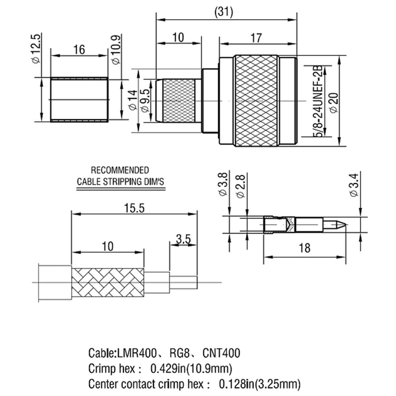 [Australia - AusPower] - N Connectos Male Crimp Rf Coaxial Connector 50 ohm for LMR400 Belden 9913 RG8 Pack of 5 Piece 