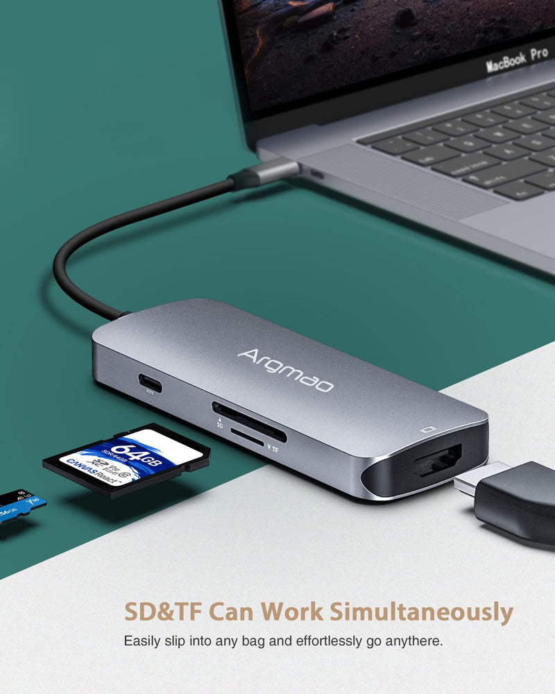 [Australia - AusPower] - Argmao 7 in 1 Type USB C HUB with to USB-C PD 3.0, 4K@30Hz HDMI, 3 USB3.0, SD/TF Card Reader, Multiport Adapter Dongle for MacBook Air Pro and Other Type C Laptops (Space Gray) 