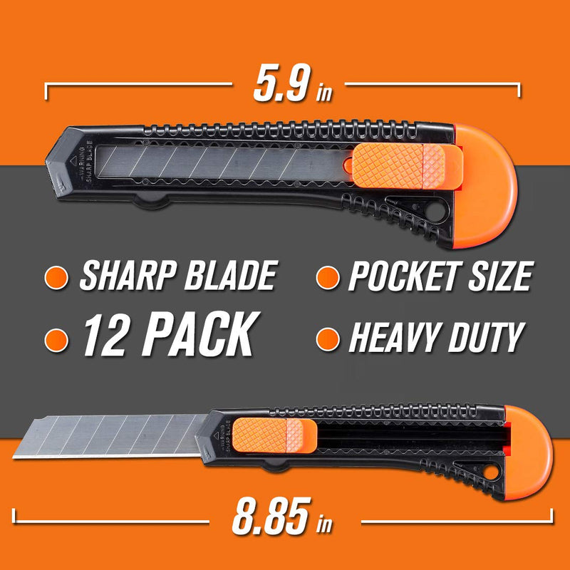 [Australia - AusPower] - REXBETI 12-Pack Utility Knife, Retractable Box Cutter for Cartons, Cardboard and Boxes, 18mm Wider Razor Sharp Blade, Smooth Mechanism, Perfect for Office and Home use 12 Pack 