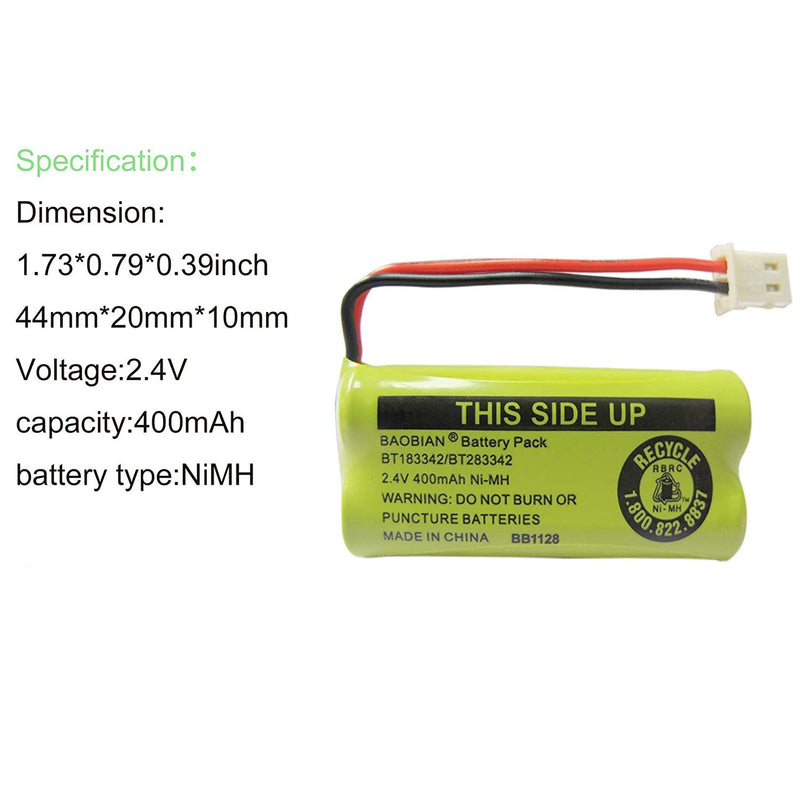 [Australia - AusPower] - BAOBIAN 2.4V 400mAh Cordless Home Phone Battery Compatible with AT&T BT162342 BT-162342 BT166342 BT-166342 BT266342 BT-266342 BT183342 BT-183342 BT283342 BT-283342 VTech CS6329 CS6114 CS6419(4 Pack) 