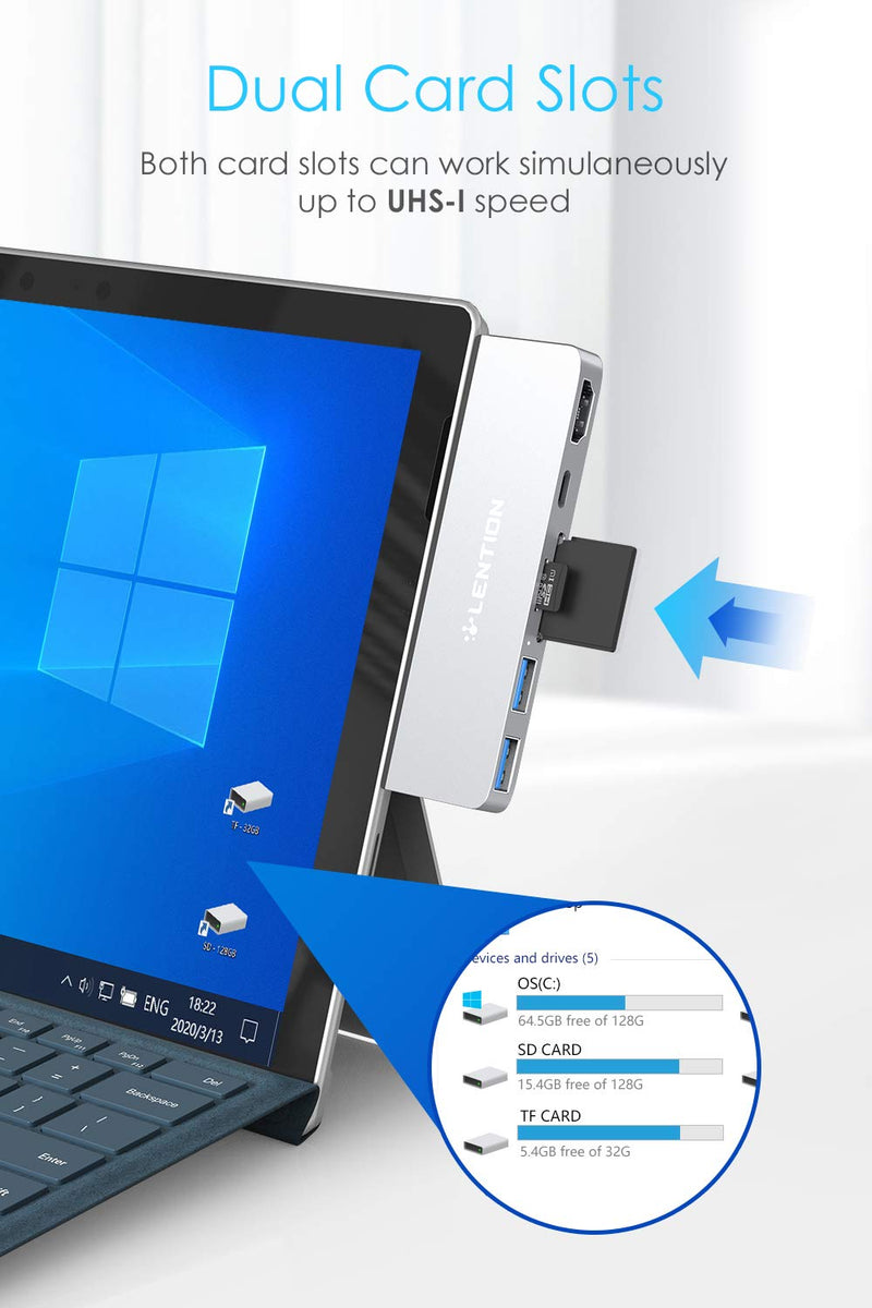 [Australia - AusPower] - LENTION 6-in-1 USB C Hub for Surface Pro 7 Only, with 4K/60Hz HDMI, SD & Micro SD Dual Card Reader, 2 USB 3.0 and 60W Type C Charging Port, Stable Driver Adapter (CB-CS34, Silver) 