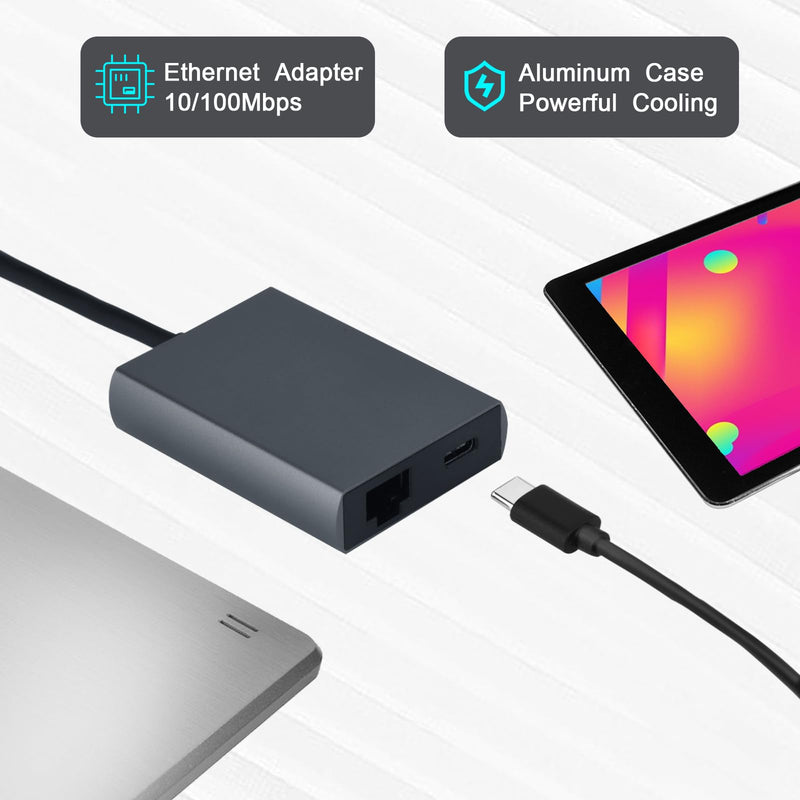[Australia - AusPower] - Giochem USB-C to Ethernet Adapter with Charge,Aluminum Portable USB Type-C to RJ45 LAN 100M Network Adapter, 10/100Mbps Ethernet Speeds,Ethernet Adapter with Charge Port(Grey) 12.59inches 