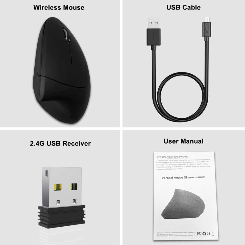 [Australia - AusPower] - Vassink Wireless Mouse Ergonomic Mouse Rechargeable Vertical Optical Mice with USB Receiver, 6 Buttons 2.4GHz Adjustable DPI 800/1200/1600 for PC Computer,Laptop,etc（Black） Black2 