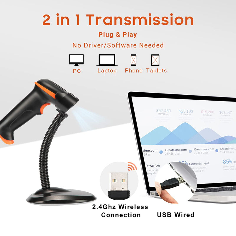 [Australia - AusPower] - Tera Barcode Scanner Wireless 1D Laser Cordless Barcode Reader with Battery Level Indicator, Versatile 2 in 1 2.4Ghz Wireless and USB 2.0 Wired with Stand Model 5100-Z 