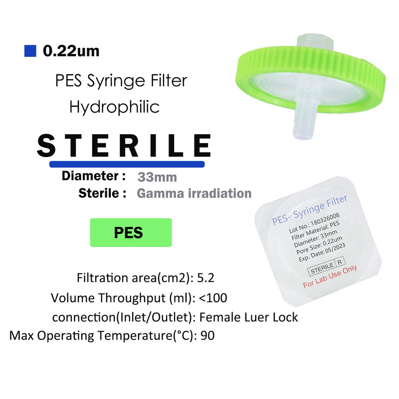 [Australia - AusPower] - 20 Pack Syringe Filter Sterile PES 0.22um Pore Size, 33mm Membrane Diameter, PES Hydroplihic Filtration High Throughput for Lab HPLC Sample Preparation Individually Packed by Labfil 20PCS 