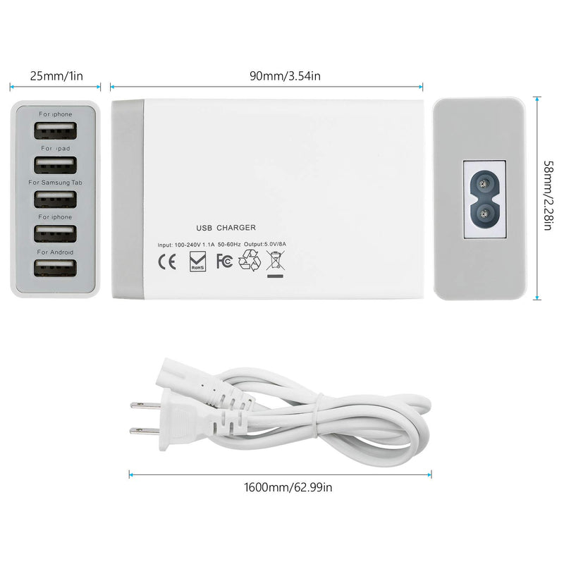 [Australia - AusPower] - 5-Port USB Charging Stations for Multiple Devices, Desktop 40W 8A Multi USB Wall Charger Compatible with Tablet, Phone, Cell Devices Product, Android Phone and All USB Port Devices 
