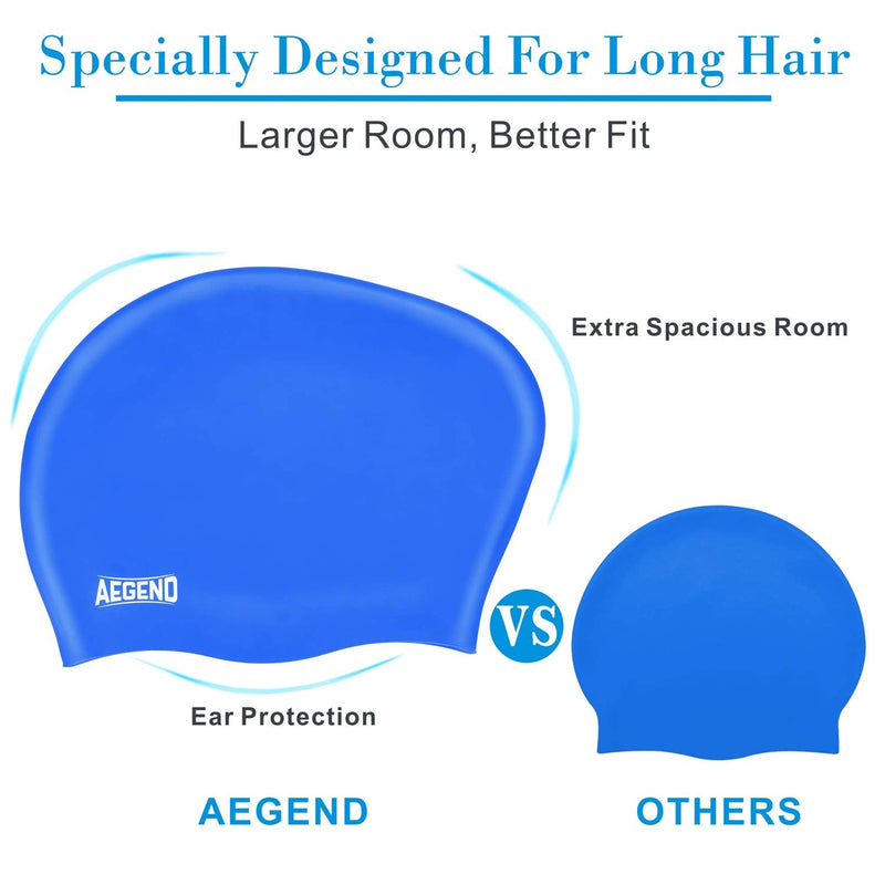 [Australia - AusPower] - Aegend Swim Caps for Long Hair (2 Pack), Durable Silicone Swimming Caps for Women Men Adults Youths Kids, Easy to Put On and Off, 4 Colors 