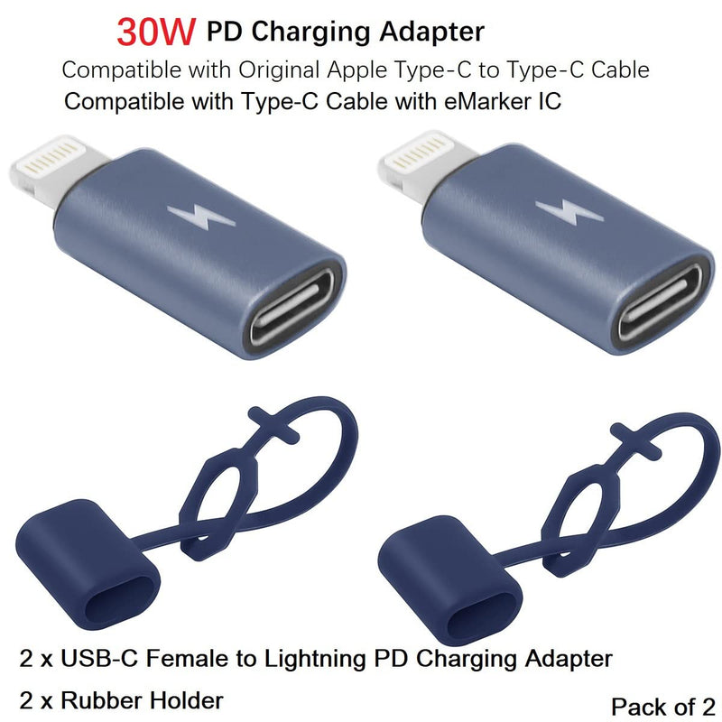 [Australia - AusPower] - 2 Pack, 27W, Type C Female to 8 Pin Male PD Fast Charge Converter for iPhone 13 Pro Max/12/Xs/Xr/new Se/iPad Air,AirPods 2 Pro, 9V2A18W30W,USB C Cable, Laptop Power Cord with eMarker IC, Rubber Holder 