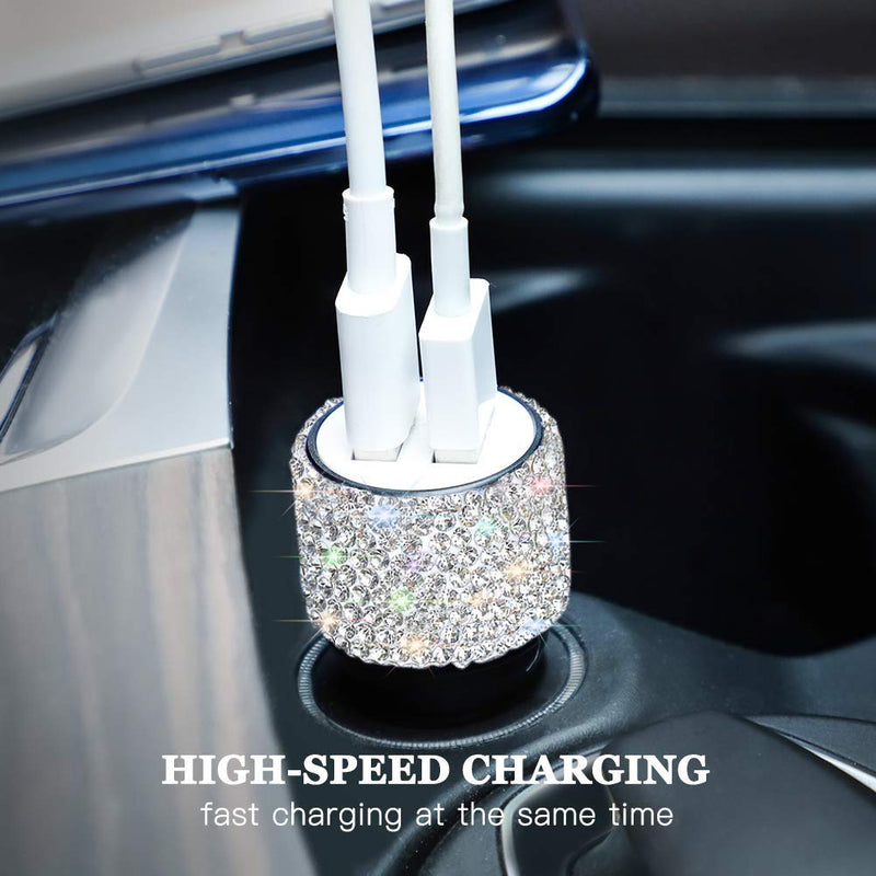 [Australia - AusPower] - Dual USB Car Charger,SAVORI Car Adapter Bling Bling Rhinestones Crystal Car Decorations for Fast Charging Car Decors for iPhone Xs Max X Plus, iPad Pro/Mini, Samsung White 