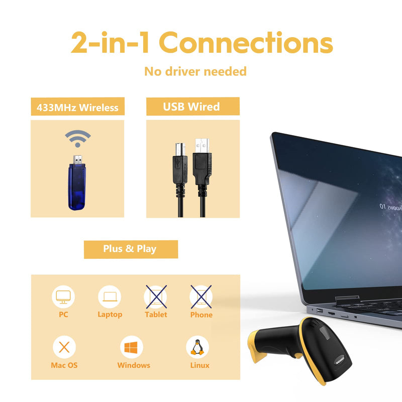 [Australia - AusPower] - NADAMOO Wireless Barcode Scanner 328 Feet Transmission Distance USB Cordless 1D Laser Automatic Barcode Reader Handhold Bar Code Scanner with USB Receiver for Store, Supermarket, Warehouse - Yellow 