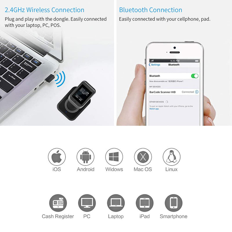 [Australia - AusPower] - Symcode 2D QR Bluetooth Barcode Scanner with Screen Display with Charging Base,3 in 1 Compatible with Bluetooth & 2.4GHz Wireless & Wired Connection with 1.8 inch TFT Color LCD Screen 