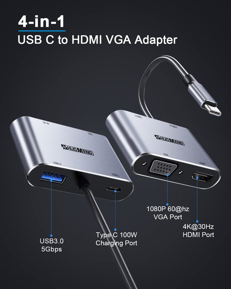 [Australia - AusPower] - USB C to HDMI VGA Adapter, Shuomeng 4 in 1 USB-C to HDMI Adapter (Thunderbolt 3 Compatible) Hub Compatible for MacBook Pro/Air/ipad Pro 2018-2020, Dell, XPS,Samsung Galaxy S20 S10,Other Type-C Device [4 in 1] HDMI/VGA/PD/USB 