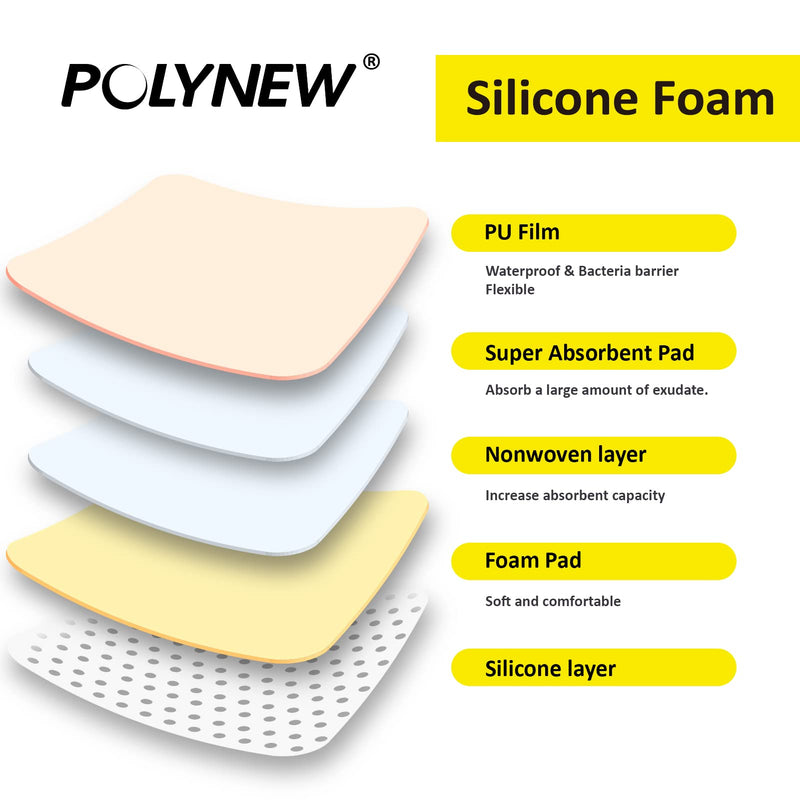 [Australia - AusPower] - Polynew Silicone Foam Dressing with Border, Adhesive 4"x4" Waterproof Wound Dressing Bandage for Wound Care 12 Packs 